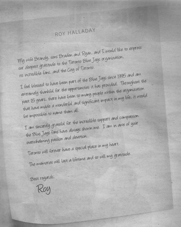 Roy Halladay Writes Thank You Letter to City of Toronto