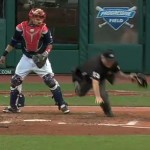 Home plate umpire trips over catcher