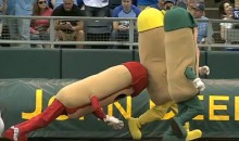 Giant Wiener Takes a Spill During Hot Dog Race on Opening Day at Kauffman Stadium (Video)