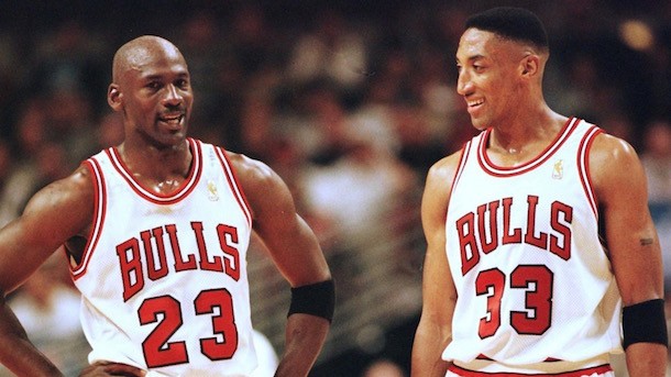 Michael Jordan and Scottie Pippen playing together for the Chicago Bulls