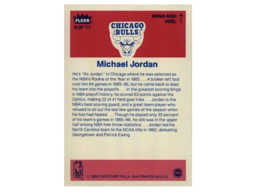Back of the Jordan Fleer Rookie Sticker 1986