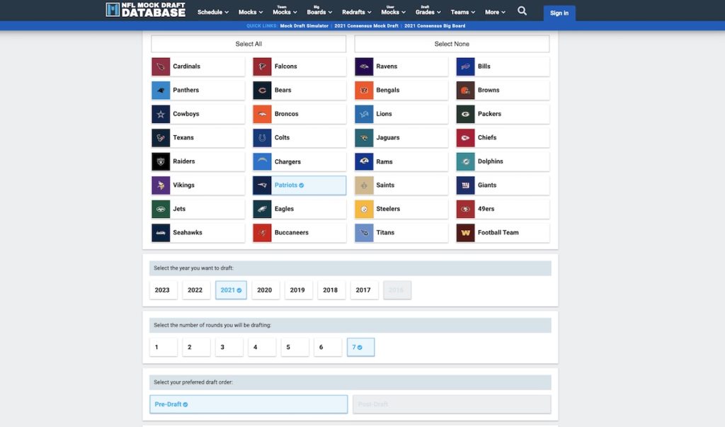 NFL Mock Draft Database offers different seasons.