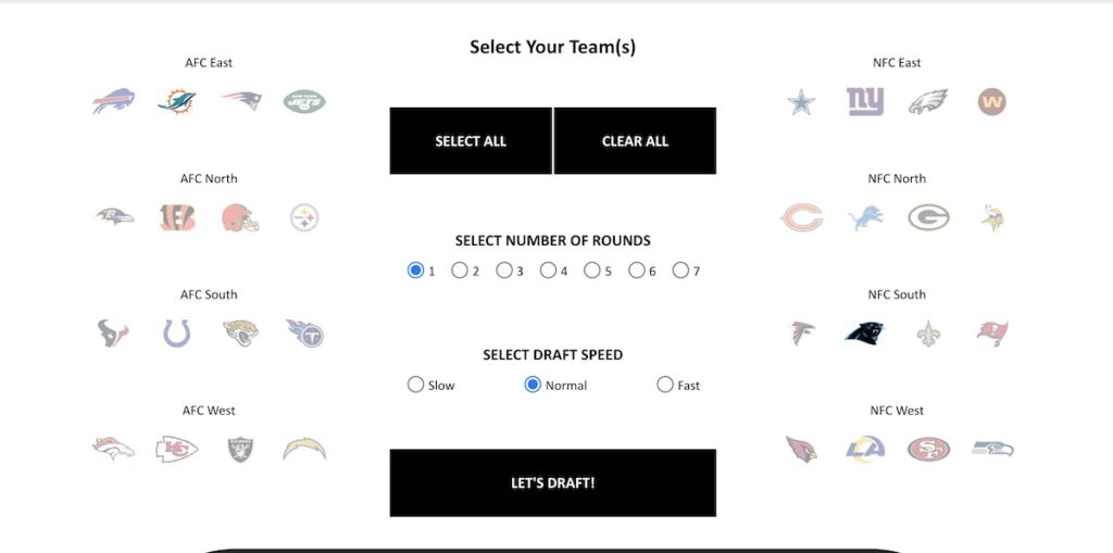 ProFootballNetwork NFL mock draft startup screen