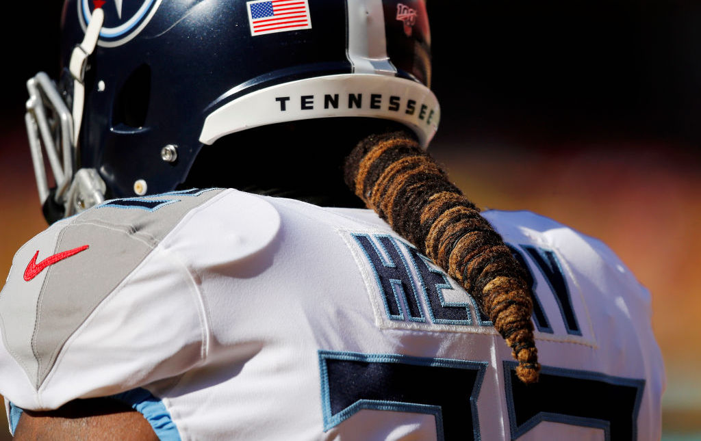 Close up shot of Derrick Henry hair in a Tennessee Titans helmet.