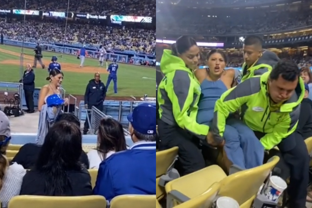 Dodgers Fan Gets Carried Out of Stadium Because Her Boobs Kept Popping Out  While Dancing During Game (VIDEO)