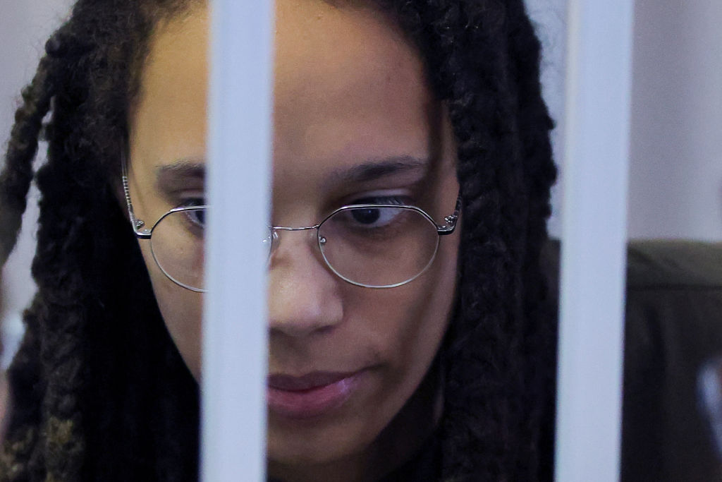 Brittney Griner looks on while in jail cell