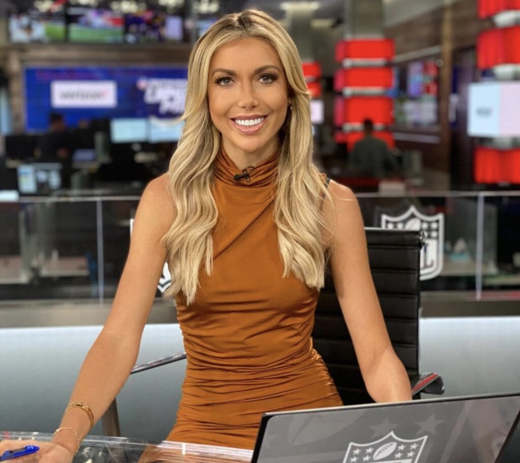 Justin Herbert GF Taylor Biscotti in a brown shirt smiling while reporting in studio for NFL Network