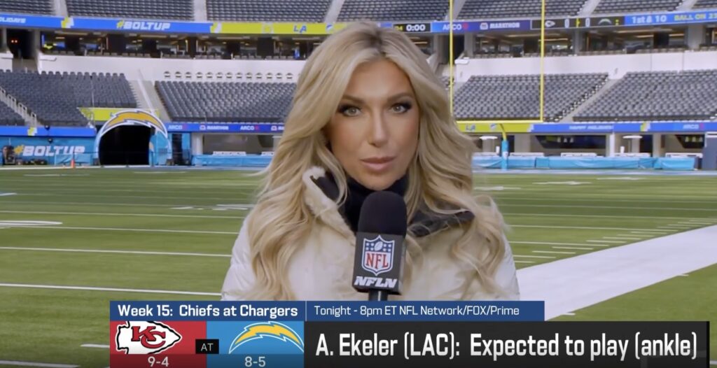 Taylor Bisciotti standing on the Chargers field reporting for the NFL Network.