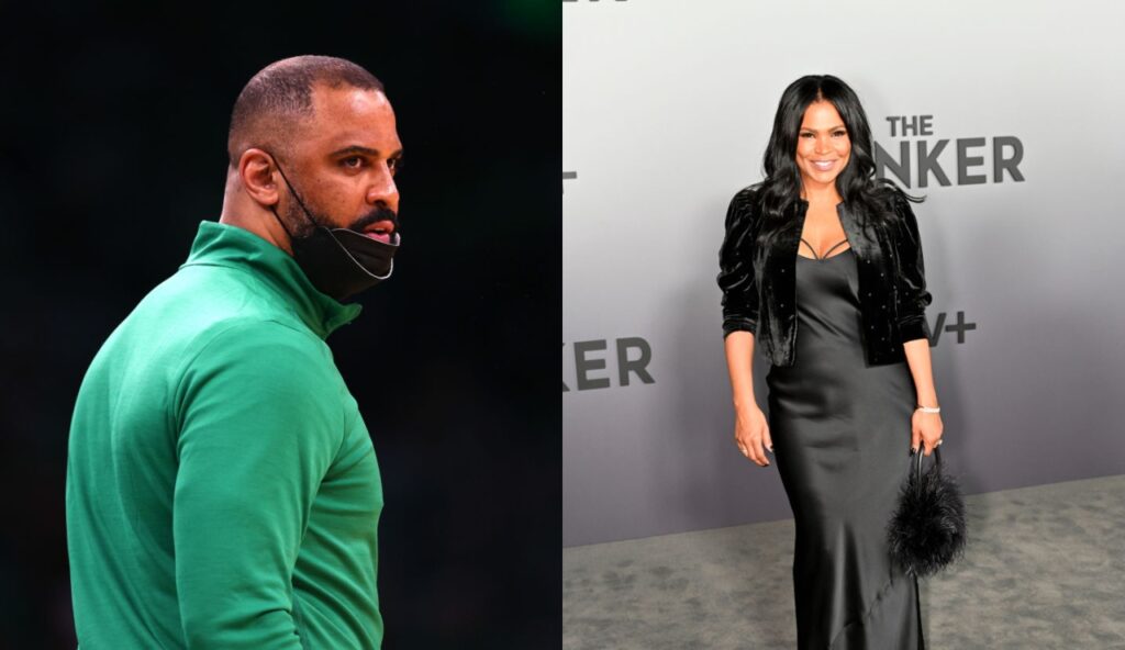 Ime Udoka in green shirt and mask below his mouth while picture shows Nia Long poses in black dress