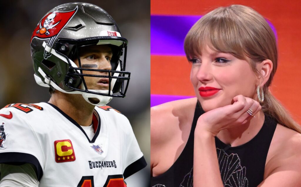 A picture of Tom Brady on field and a picture of Taylor Swift during an interview. 