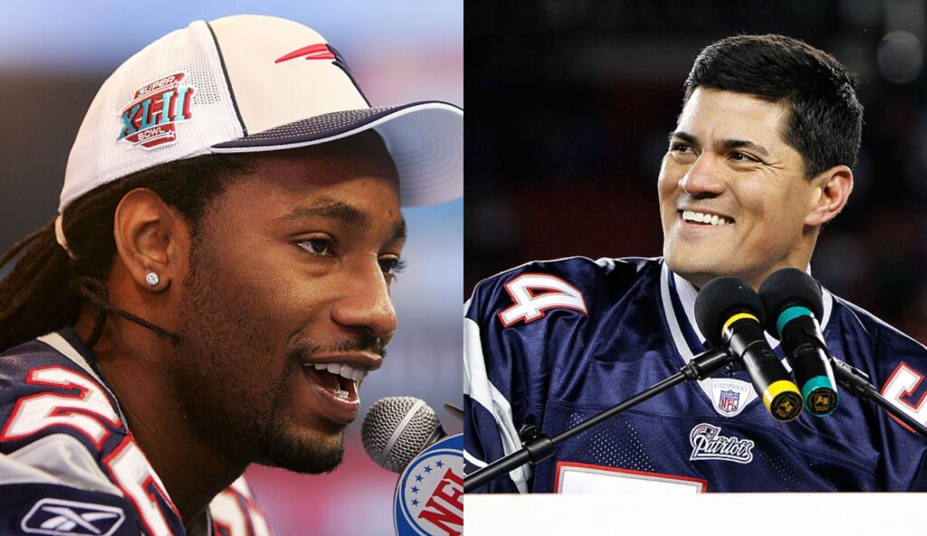 one picture shows Asante Samuel in front of a microphone smiling while the other photo shows Asante Samuel  in front of a microphone 