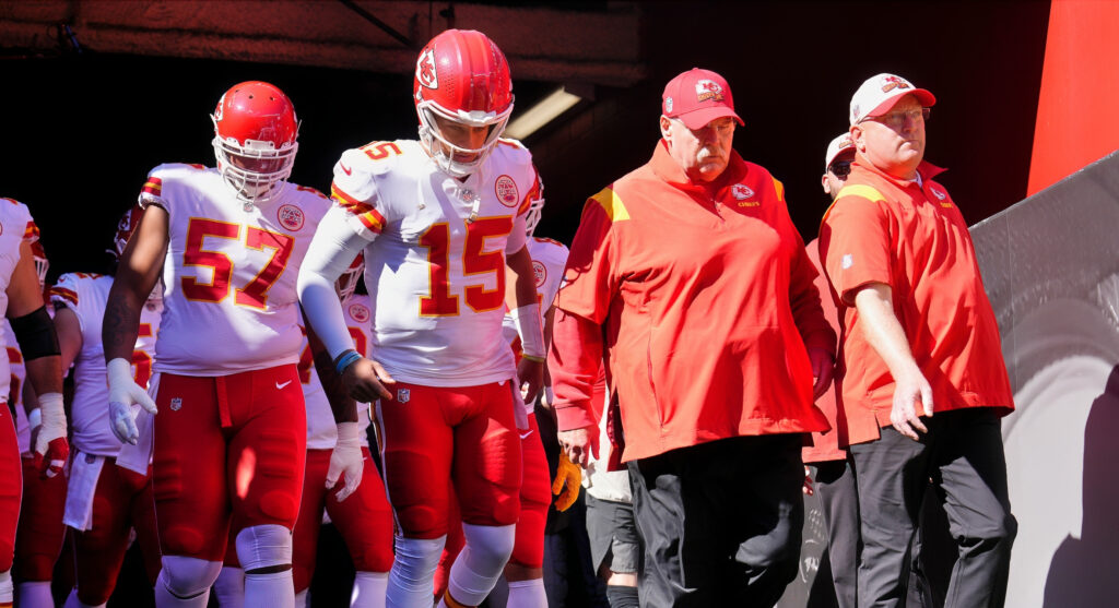 Patrick Mahomes #15 and head coach Andy Reid of the Kansas City Chiefs runs out of the tunnel prior to the game against the San Francisco 49ers.