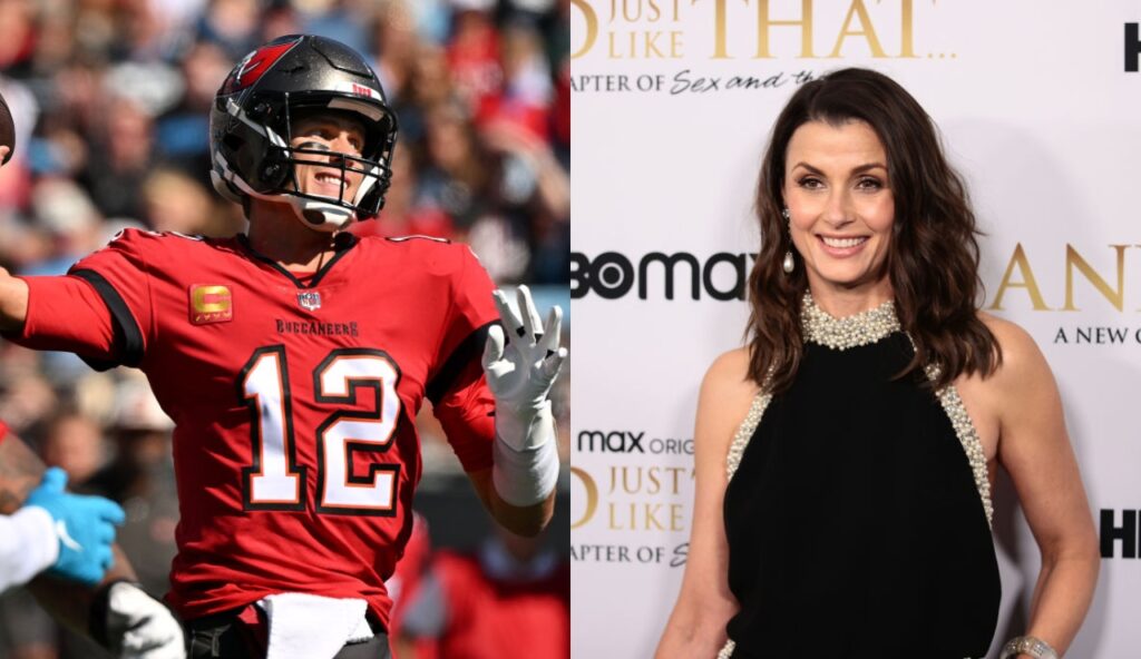 One picture shows Tom Brady throwing a football while the other picture shows Bridget Moynahan posing