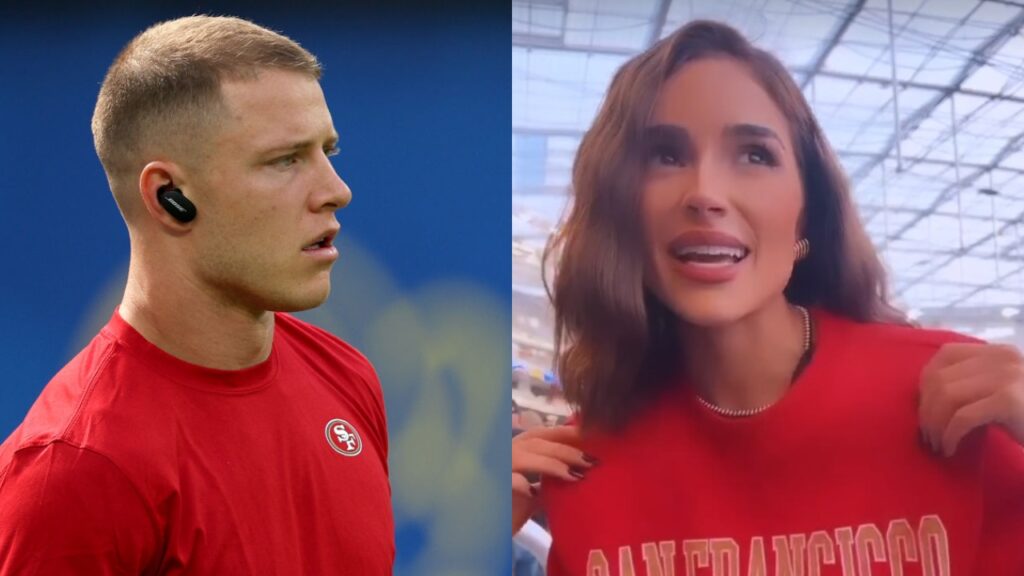 Christian McCaffrey looks straight ahead while Olivia Culpo grabs her shirt while smiling