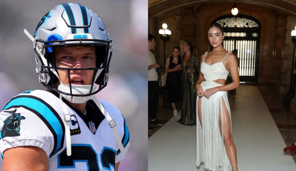Olivia Culpo posing for picture and Christian McCaffrey in uniform for the Panthers