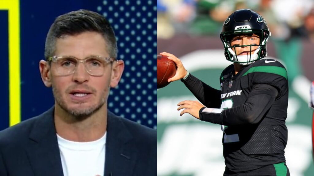 Dan Orlovsky looking at camera with glasses on while Zach Wilson is getting ready to throw football