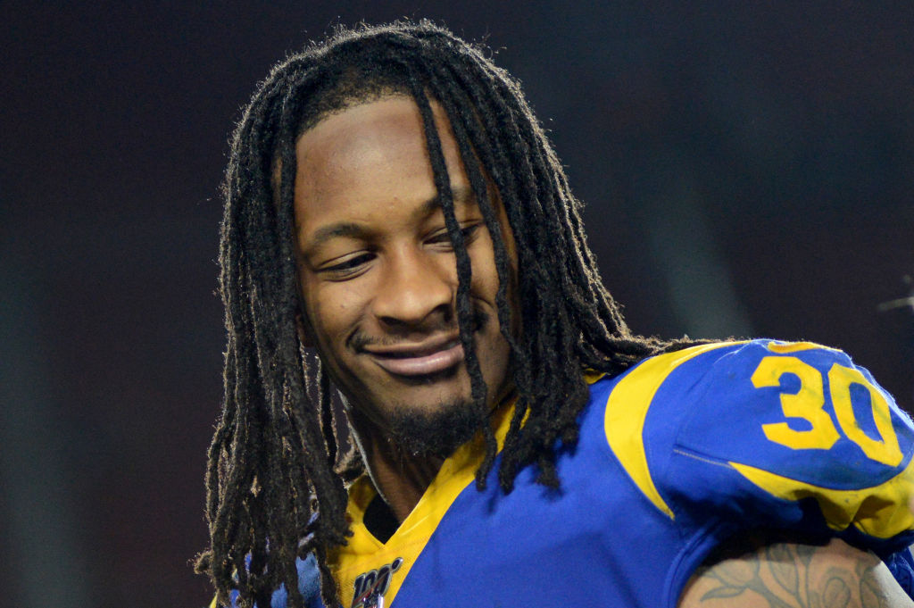 Todd Gurley on the Rams smiling as he looks to his side
