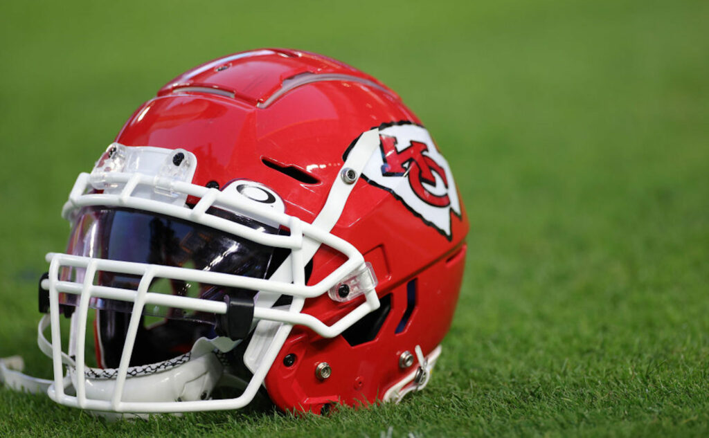 Kansas City Chiefs helmet on the field before Super Bowl 54.
