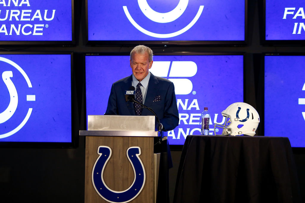 Colts owner Jim Irsay standing at team podium