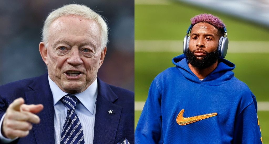 A picture of Jerry Jones pointing and a picture of Odell Beckham Jr. on field listening to music.