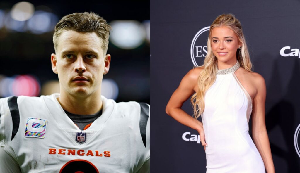A picture if Joe Burrow in uniform and a picture of Olivia Dunne at the ESPYS.