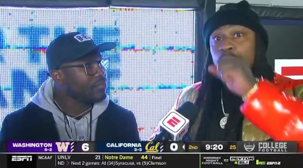 Marshawn Lynch realizes he just dropped an f-bomb on live TV.