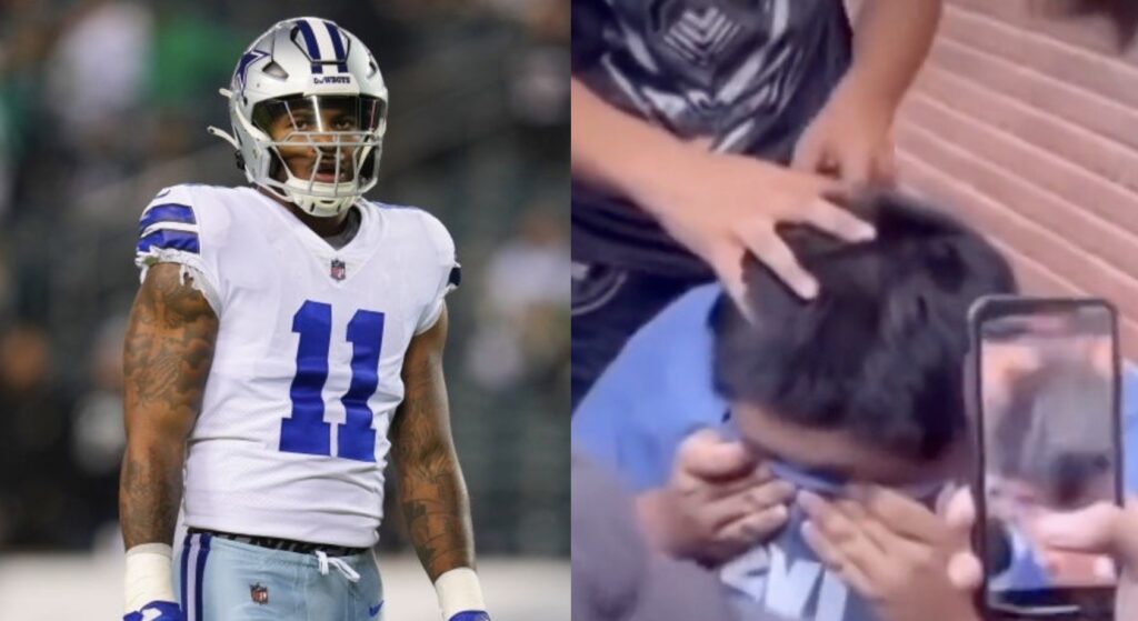 A photo of the Cowboys Micah Parson next to a screenshot from a video of bullies shaving a high school kid's head.