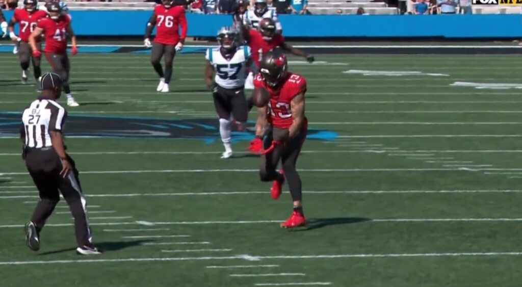 Mike Evans bobbles a pass against the Panthers.