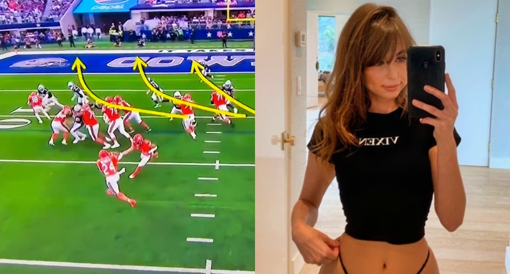 A pic of the Bears running a play against the Cowboys and a pic of adult film star Riley Reid.