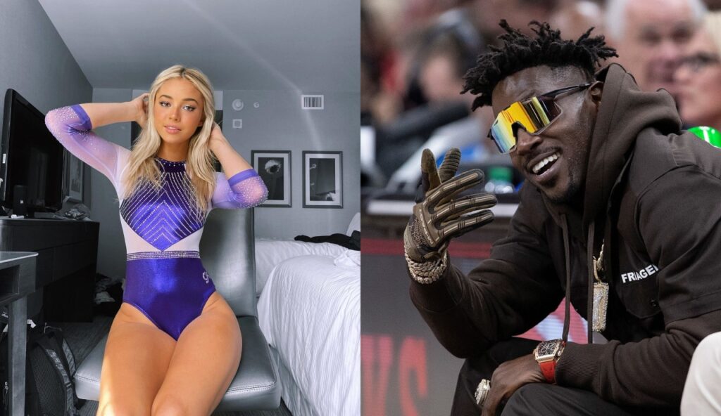 One picture shows Olivia Dunn posing in Leotard and other picture shows Antonio Brown at NBA game