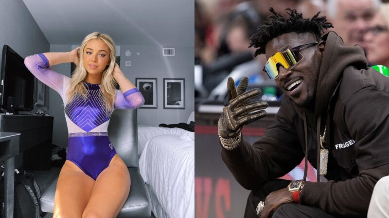 One picture shows Olivia Dunn posing in Leotard and other picture shows Antonio Brown at NBA game