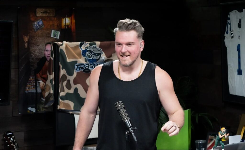 Pat McAfee standing during his podcast show