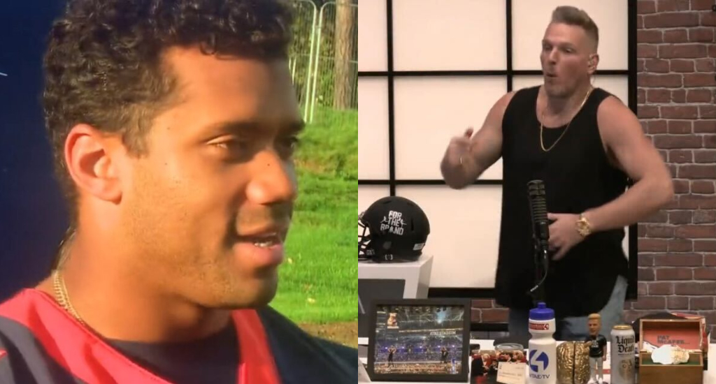 A picture of Russell Wilson being interviewed and a picture of Pat McAfee pretending to do high knees.
