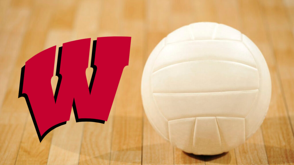 Wiscon Volleyball team logo with volleyball on court.