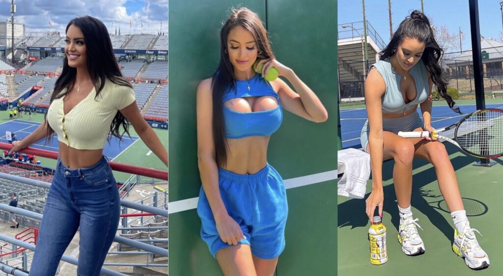 Tennis player turned model Rachel Stuhlman poses for the camera in three different photos.