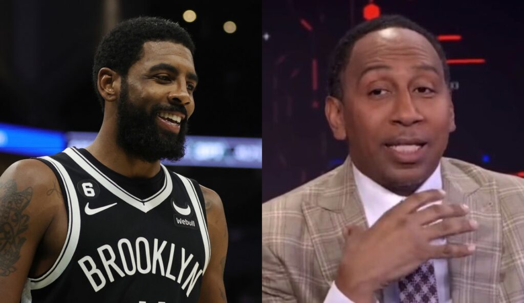 One picture shows Kyrie Irving smiling while other picture shows Stephen A. Smith with his hand up while seated