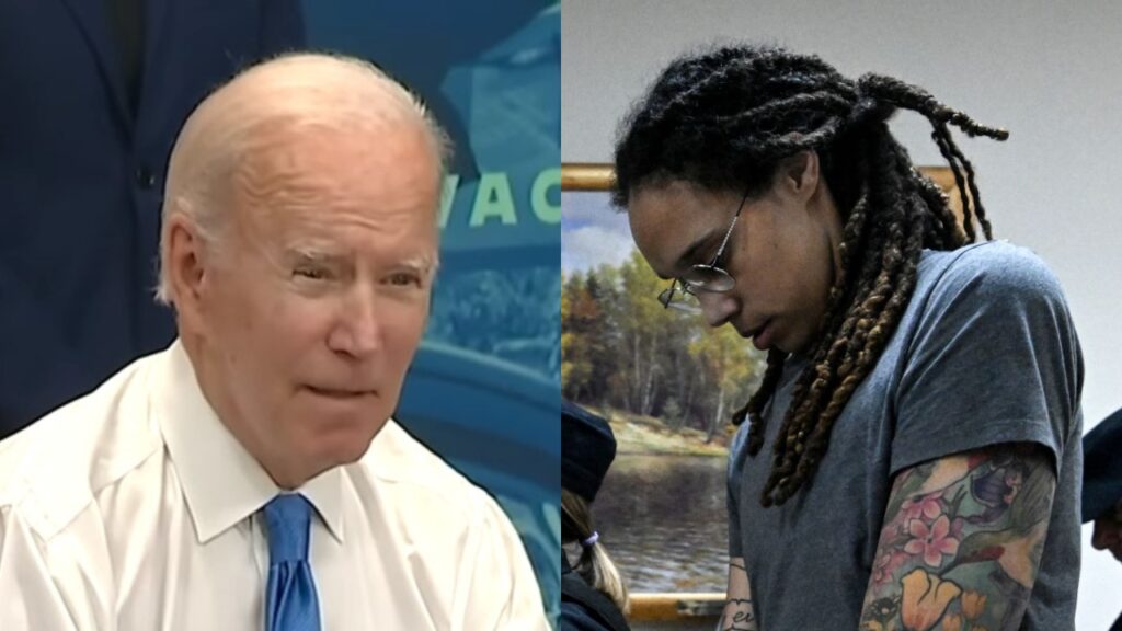 President Biden in one picture and Brittney Griner with her head down in another picture