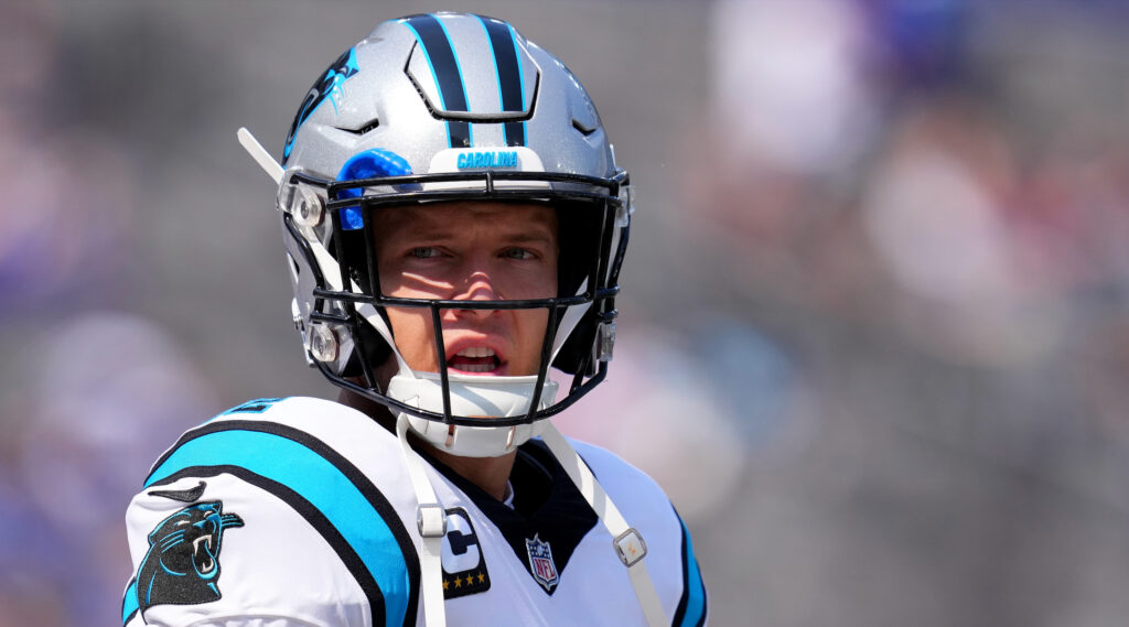 Christian McCaffrey of the Carolina Panthers looks on before the game.