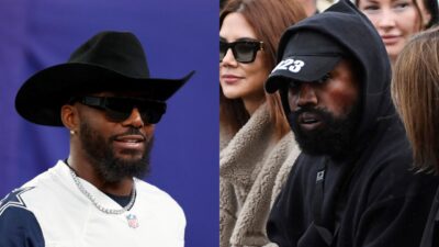 Dez Bryant in a cowboy hat while Kanye West is seated with a hat and hoodie on