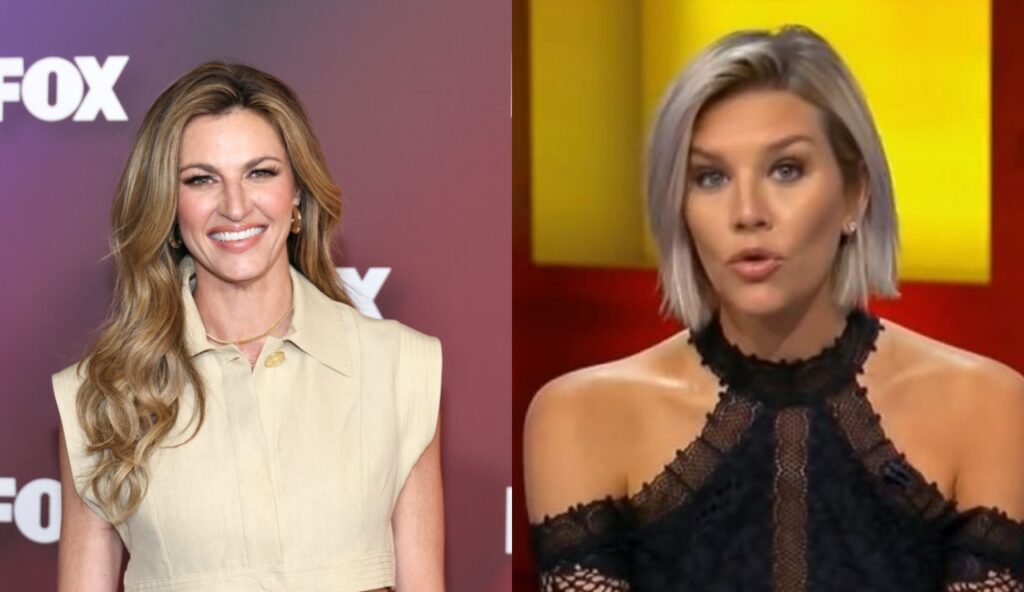 Picture shows erin andrews posing for camera while other picture shows charissa thompson speaking on talk show