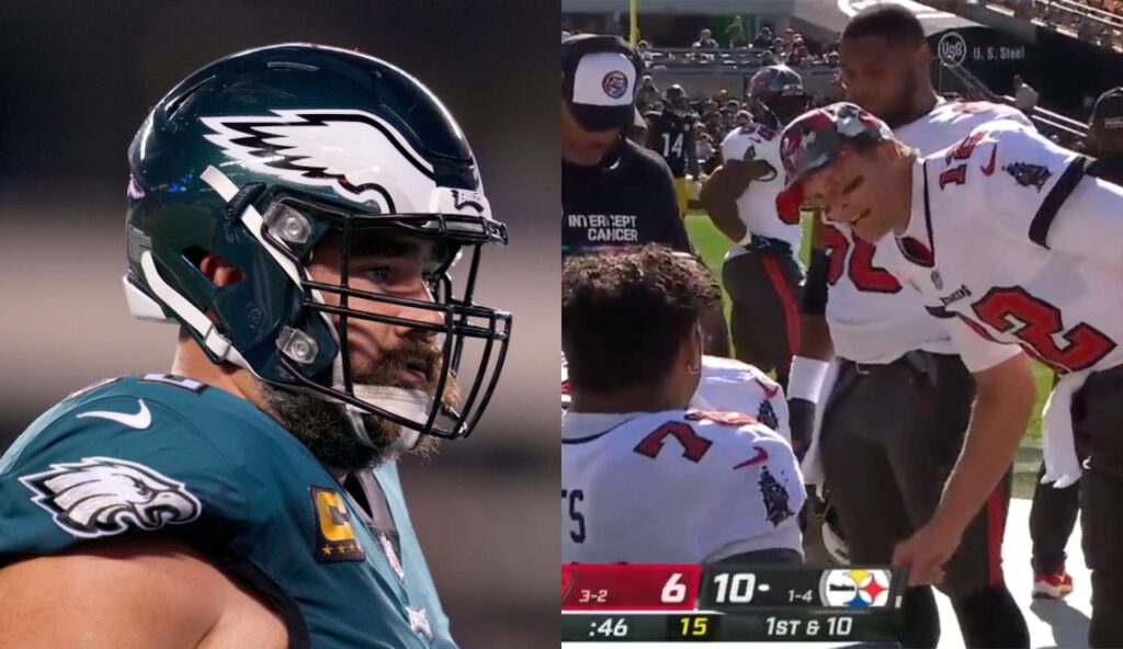 A picture of Jason Kelce staring & a picture of Tom Brady yelling at teammates