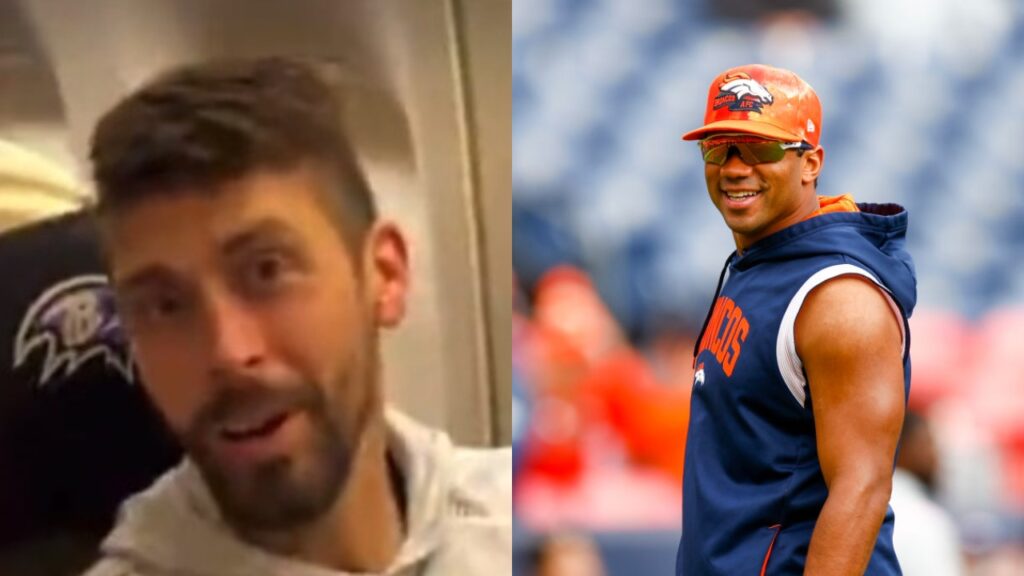 Justin Tucker on a plane and Russell Wilson smiling with glasses on
