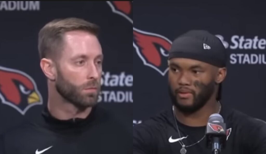 One picture shows Kliff Kingsbury standing at a podium and the other shows Kyler Murray standing at the same podium