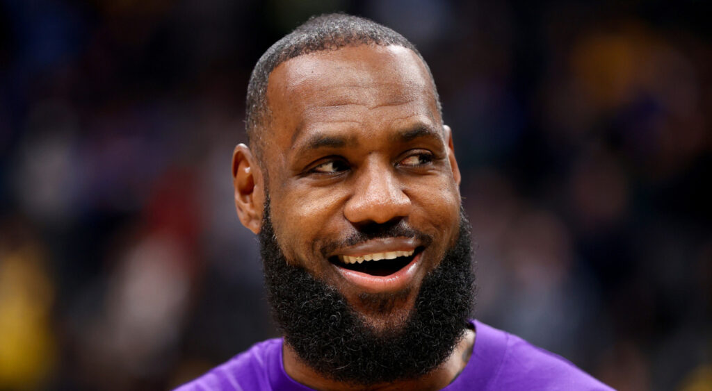 LeBron James of Los Angeles Lakers smiling before game.