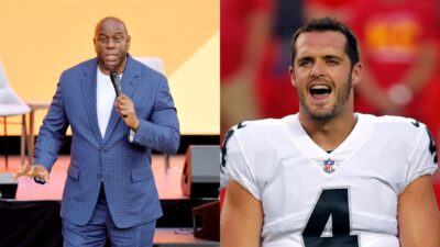 One picture shows Magic Johnson with mic in hand while other picture shows Derek Carr with mouth open in uniform