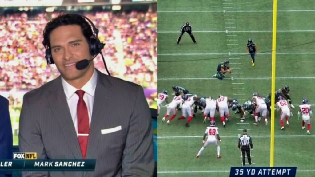 Mark Sanchez smiling with headset on while Seattle Seahawks lining up for field goal
