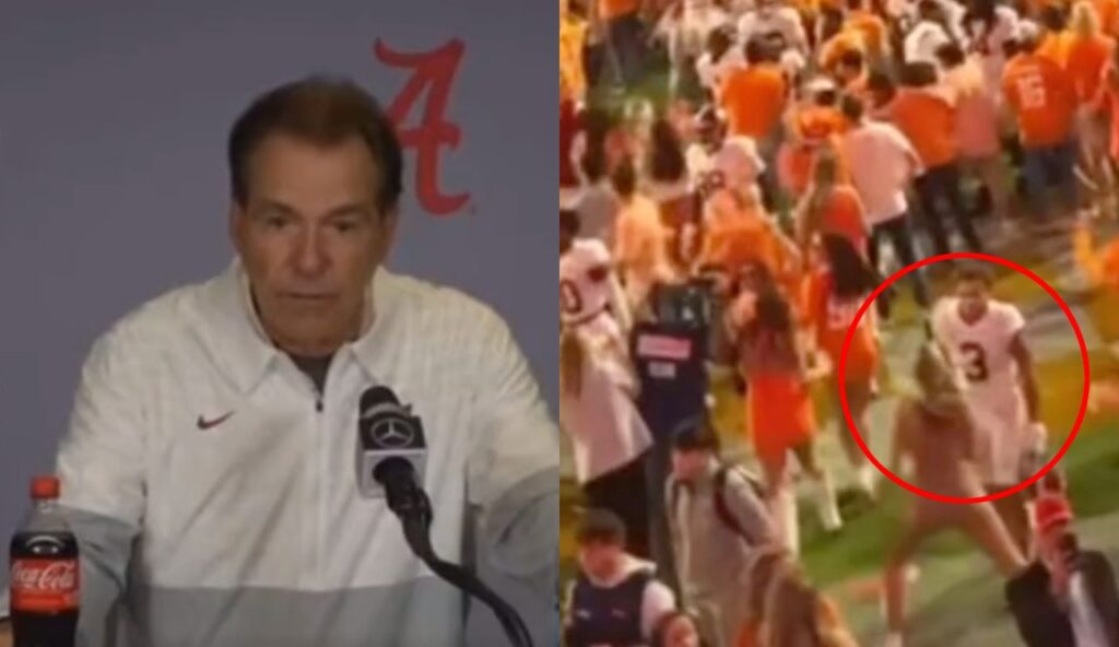 One picture shows Nick Saban at press conference while second picture shows Jermaine Burton on field looking at female fan