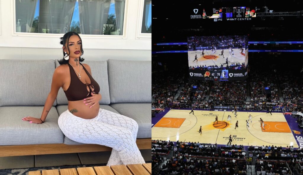 One picture shows Aliza Jane pregnant with hand on belly while the other shows a picture of the Phoenix Suns court