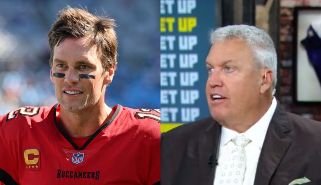 One picture shows Tom Brady staring and the other shows Rex Ryan looking to his right
