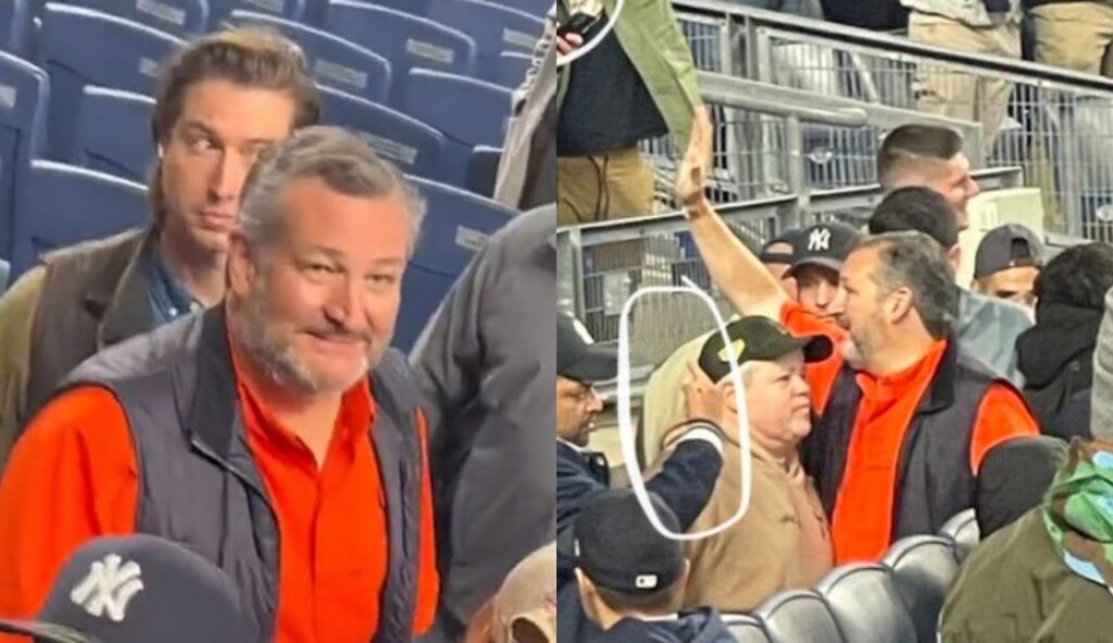 Senator Ted Cruz looks on as Yankees fan flip him off during game